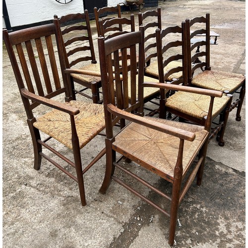 397 - Set 6 Oak and Straw dining chairs, 2 oak and straw carvers (do not match the set of 6)