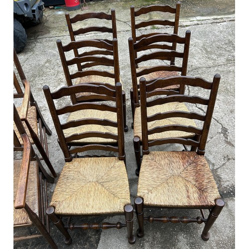 397 - Set 6 Oak and Straw dining chairs, 2 oak and straw carvers (do not match the set of 6)