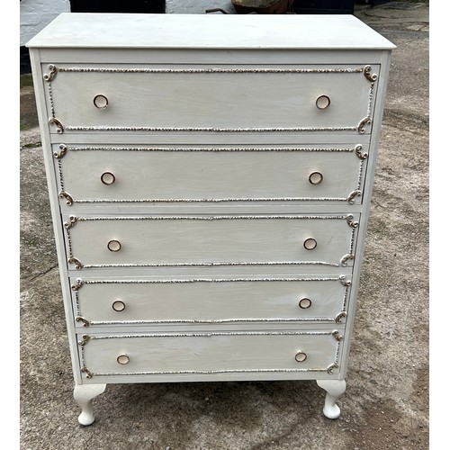 374 - 5 Drawer cream, with gilt detailing chest, Queen Anne legs, overall measurements: Height 41 inches, ... 