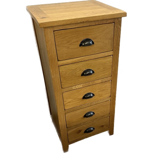 399 - Oak five drawer narrow tall chest measures approx 42 inches tall by 20 inches wide and 18 deep