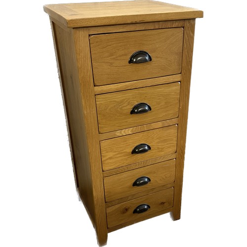 399 - Oak five drawer narrow tall chest measures approx 42 inches tall by 20 inches wide and 18 deep