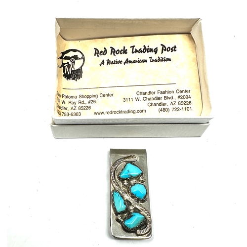 263 - Boxed navajo silver & turquoise money clip original box red rock trading post native american xrt te... 