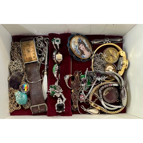 545 - Box of costume jewellery containing some gold and silver together with watches (some working)