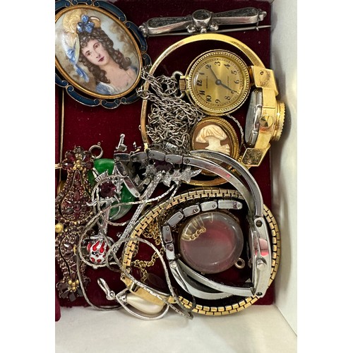 545 - Box of costume jewellery containing some gold and silver together with watches (some working)