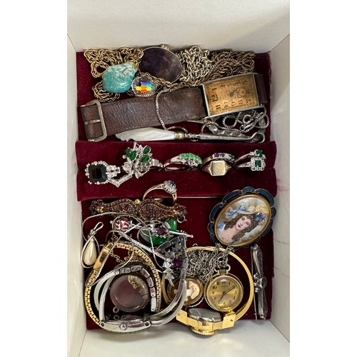 545 - Box of costume jewellery containing some gold and silver together with watches (some working)