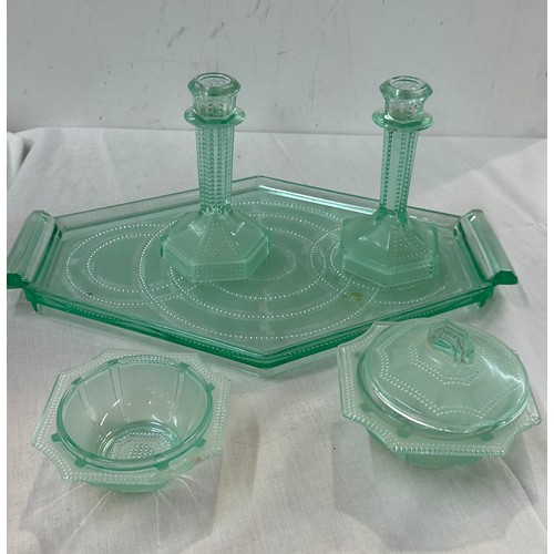 125 - Green glass dressing table set with tray