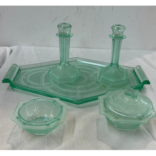 125 - Green glass dressing table set with tray