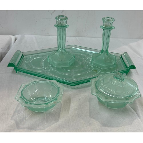 125 - Green glass dressing table set with tray