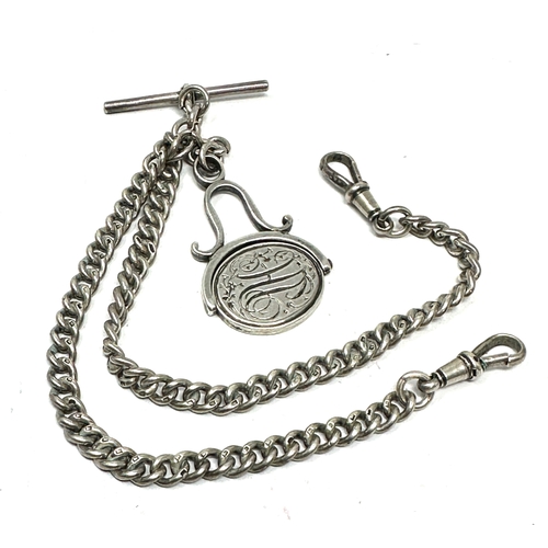 16 - Antique silver double albert & spinning fob watch chain weight 55g