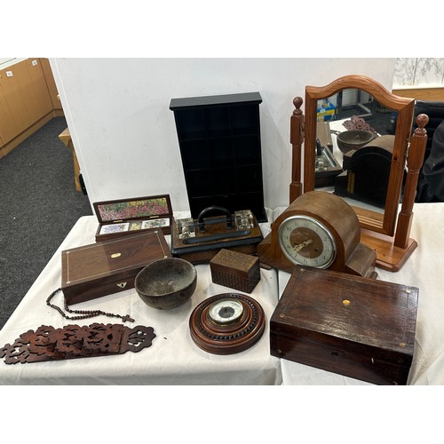 150 - Selection of wooden items includes mirror, clock etc