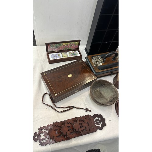 150 - Selection of wooden items includes mirror, clock etc