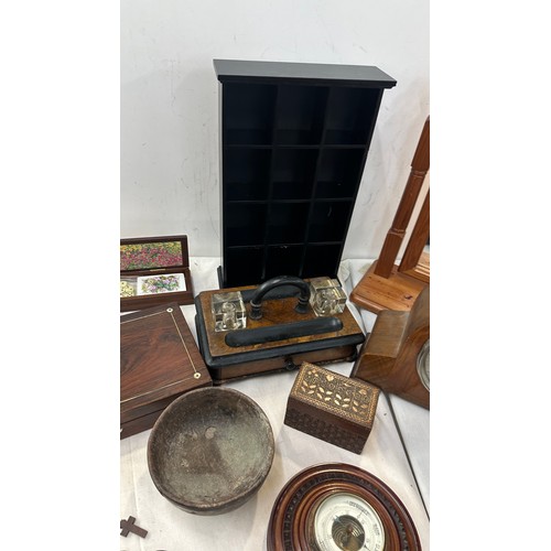 150 - Selection of wooden items includes mirror, clock etc