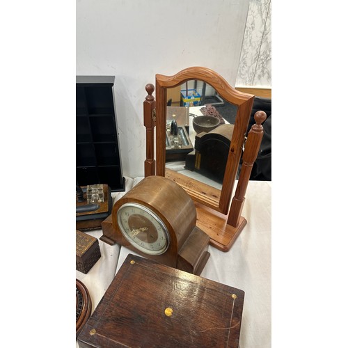 150 - Selection of wooden items includes mirror, clock etc