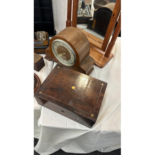 150 - Selection of wooden items includes mirror, clock etc