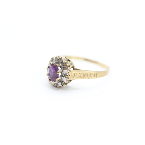 101 - 9ct gold vintage amethyst and diamond halo dress ring (1.6g)