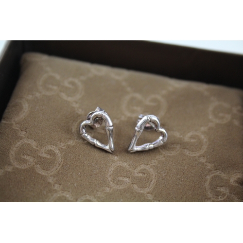 316 - Pair of Gucci Sterling Silver Bamboo Design Heart Stud Earrings w/ Box 2g