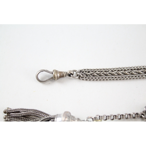 330 - Antique Sterling Silver Albertina Watch Chain inc. Locket Fob, Tassel 19g