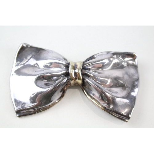 334 - Bat-Ami Israel Sterling Silver Bow Brooch w/ Gold Accent 52g