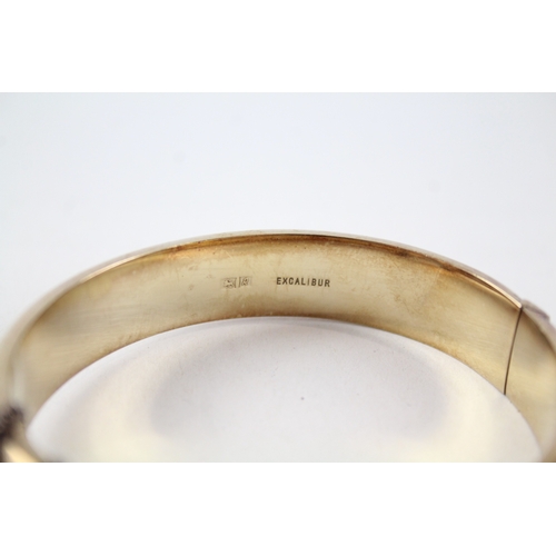 341 - Gold on Sterling Silver Bangle w/ Foliate Etched Design, Safety Chain 27g