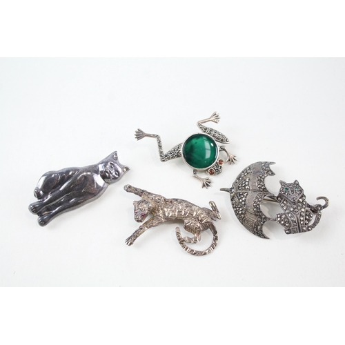 354 - Collection of Sterling Silver Animal Brooches inc. Marcasite, Wolf x 4 35g