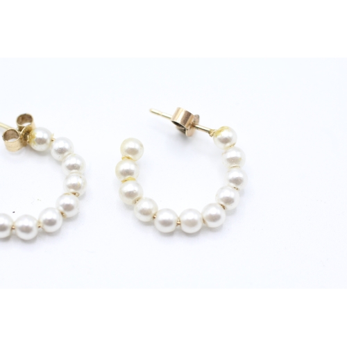 158 - 9ct gold simulated pearl half hoop earrings (0.8g)