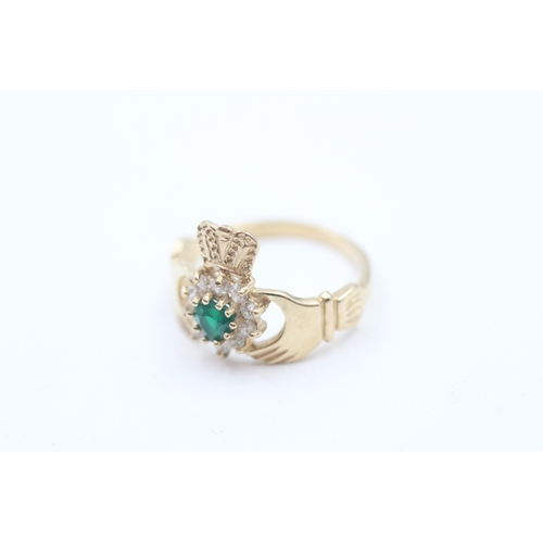 160 - 9ct gold white gemstone and chrysoprase claddagh ring (2.4g)