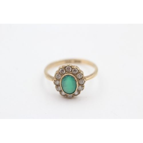 185 - 9ct gold chrysoprase and cubic zirconia halo cluster ring (2g)