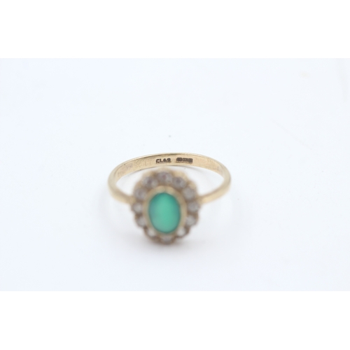 185 - 9ct gold chrysoprase and cubic zirconia halo cluster ring (2g)