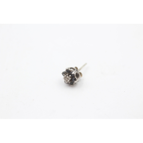 193 - 9ct white gold diamond and sapphire floral cluster stud earrings (1.3g)