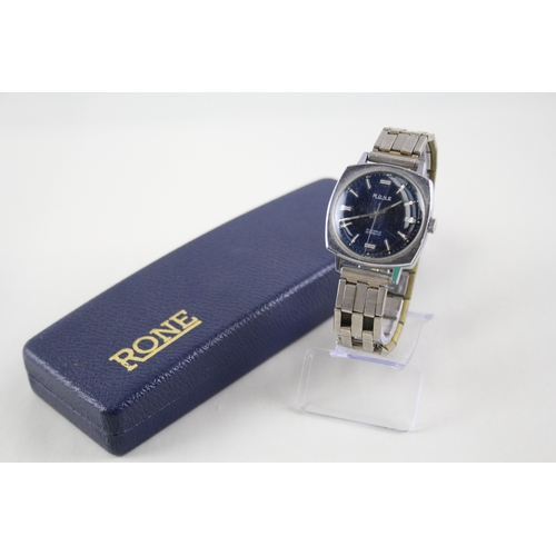 452 - Mens Rone Blue Dial Watch With Box & Paper Hand-Wind Working