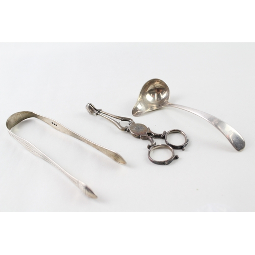 22 - 3 x .925 sterling silver sugar nips, tongs & ladel