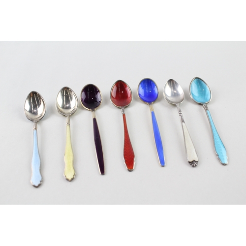 23 - 7 x .925 sterling silver guilloche enamel spoons