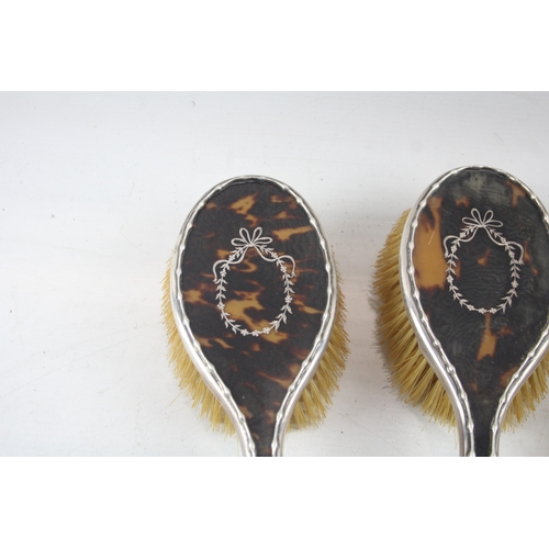 42 - 5 x .925 sterling silver ladies vanity brushes inc guilloche enamel