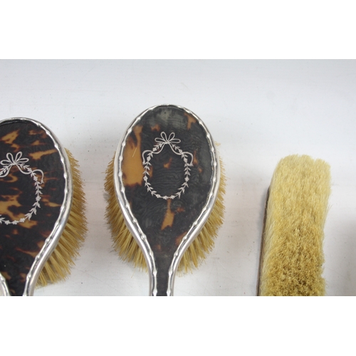 42 - 5 x .925 sterling silver ladies vanity brushes inc guilloche enamel