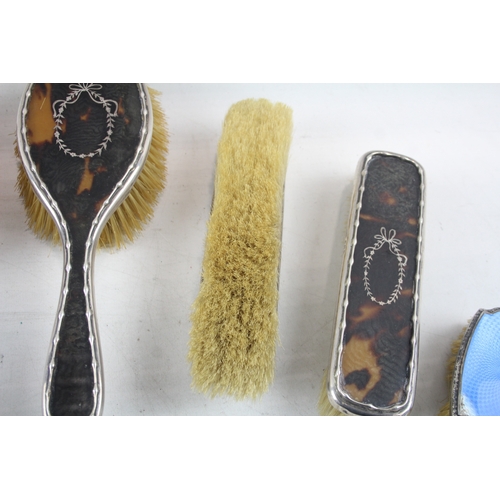 42 - 5 x .925 sterling silver ladies vanity brushes inc guilloche enamel