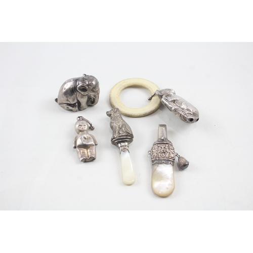 76 - 5 x .925 sterling silver baby rattles / whistle inc mop