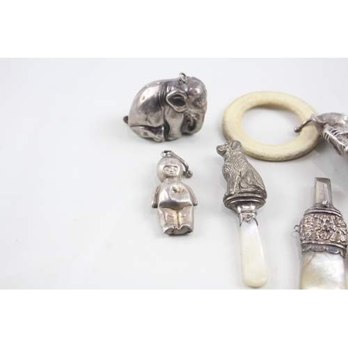 76 - 5 x .925 sterling silver baby rattles / whistle inc mop