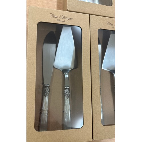 33 - Three brand new in box ' Chic Antique' Denmark cake server and knife marble effect handle with EPNS ... 