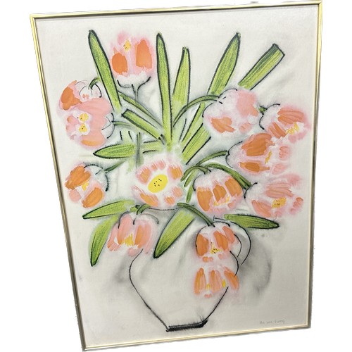 126 - Large floral picture signed Ha Van Vuong measures approx 22 inches long x 29 wide