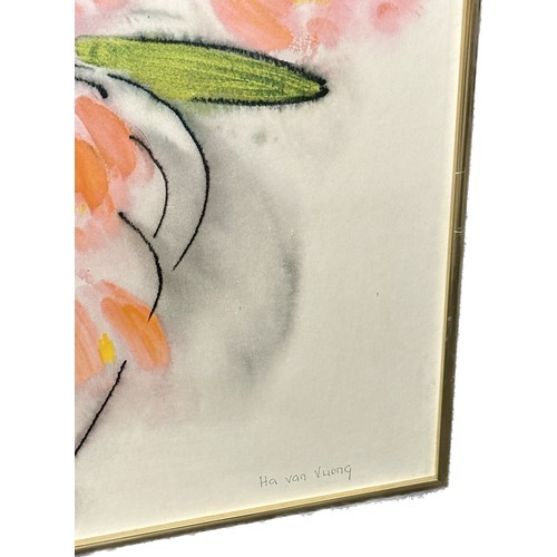 126 - Large floral picture signed Ha Van Vuong measures approx 22 inches long x 29 wide