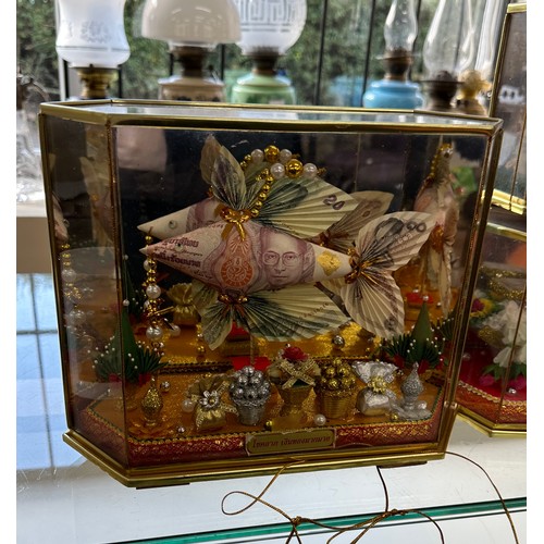 365 - Cased temple bell tower Thailand, 2 oriental display scence's both in cases, largest case measures a... 