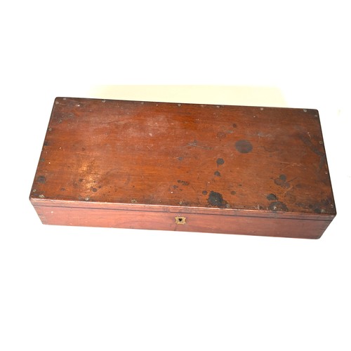 601 - Antique 19th century mahogany cased medical instruments, two layers of catheters, box measures appro... 