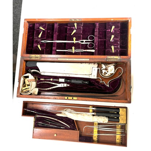 602 - Antique 19th century velvet lined mahogany cased surgeons medical instrument set/ amputation lit, ma... 