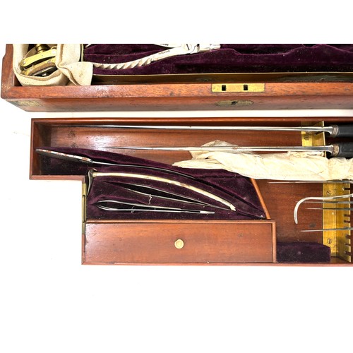 602 - Antique 19th century velvet lined mahogany cased surgeons medical instrument set/ amputation lit, ma... 