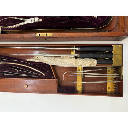 602 - Antique 19th century velvet lined mahogany cased surgeons medical instrument set/ amputation lit, ma... 