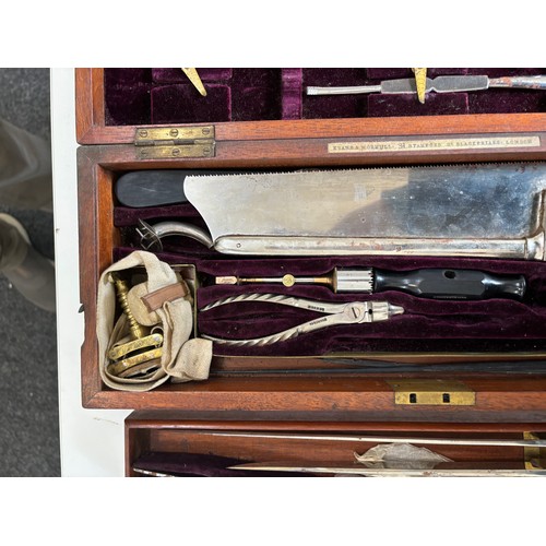 602 - Antique 19th century velvet lined mahogany cased surgeons medical instrument set/ amputation lit, ma... 