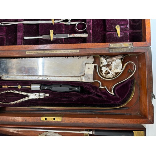 602 - Antique 19th century velvet lined mahogany cased surgeons medical instrument set/ amputation lit, ma... 