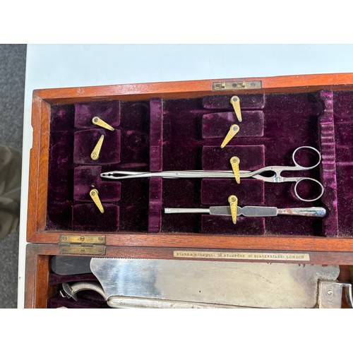 602 - Antique 19th century velvet lined mahogany cased surgeons medical instrument set/ amputation lit, ma... 