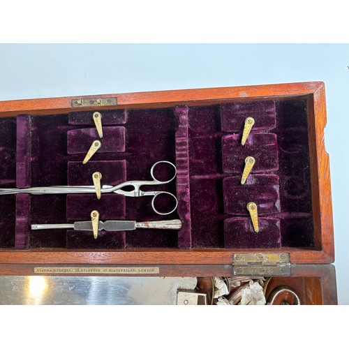 602 - Antique 19th century velvet lined mahogany cased surgeons medical instrument set/ amputation lit, ma... 