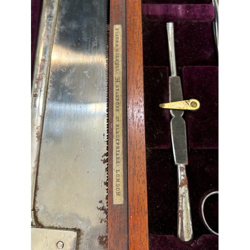 602 - Antique 19th century velvet lined mahogany cased surgeons medical instrument set/ amputation lit, ma... 